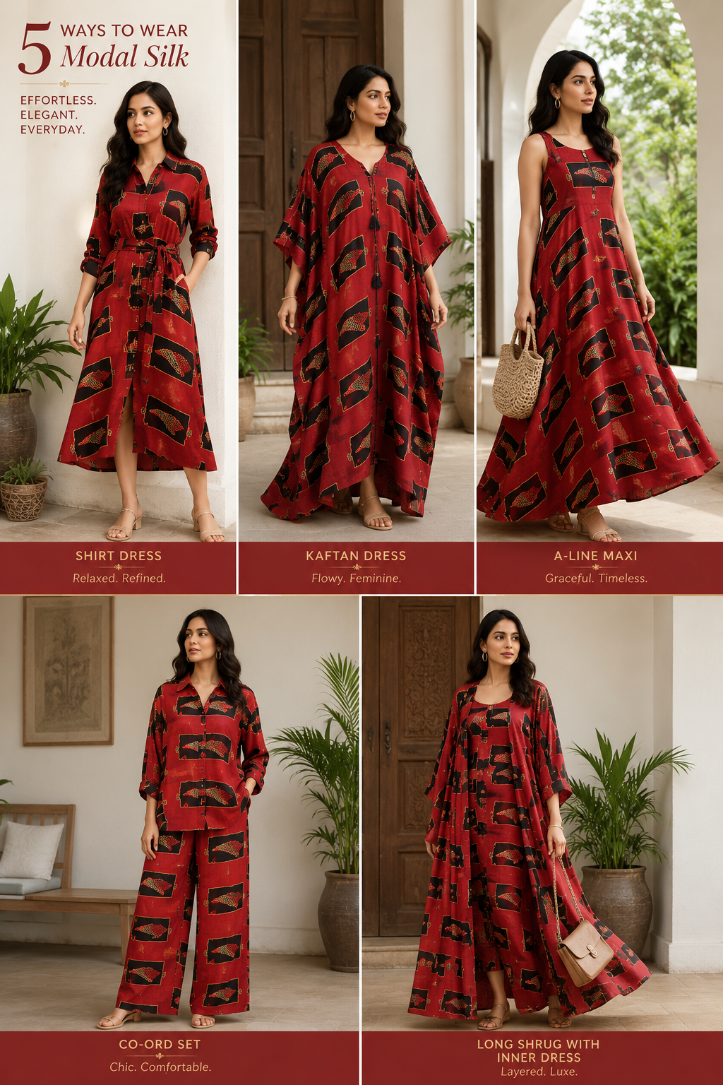 Red Mughal Print Modal Silk Fabric (Per Meter)