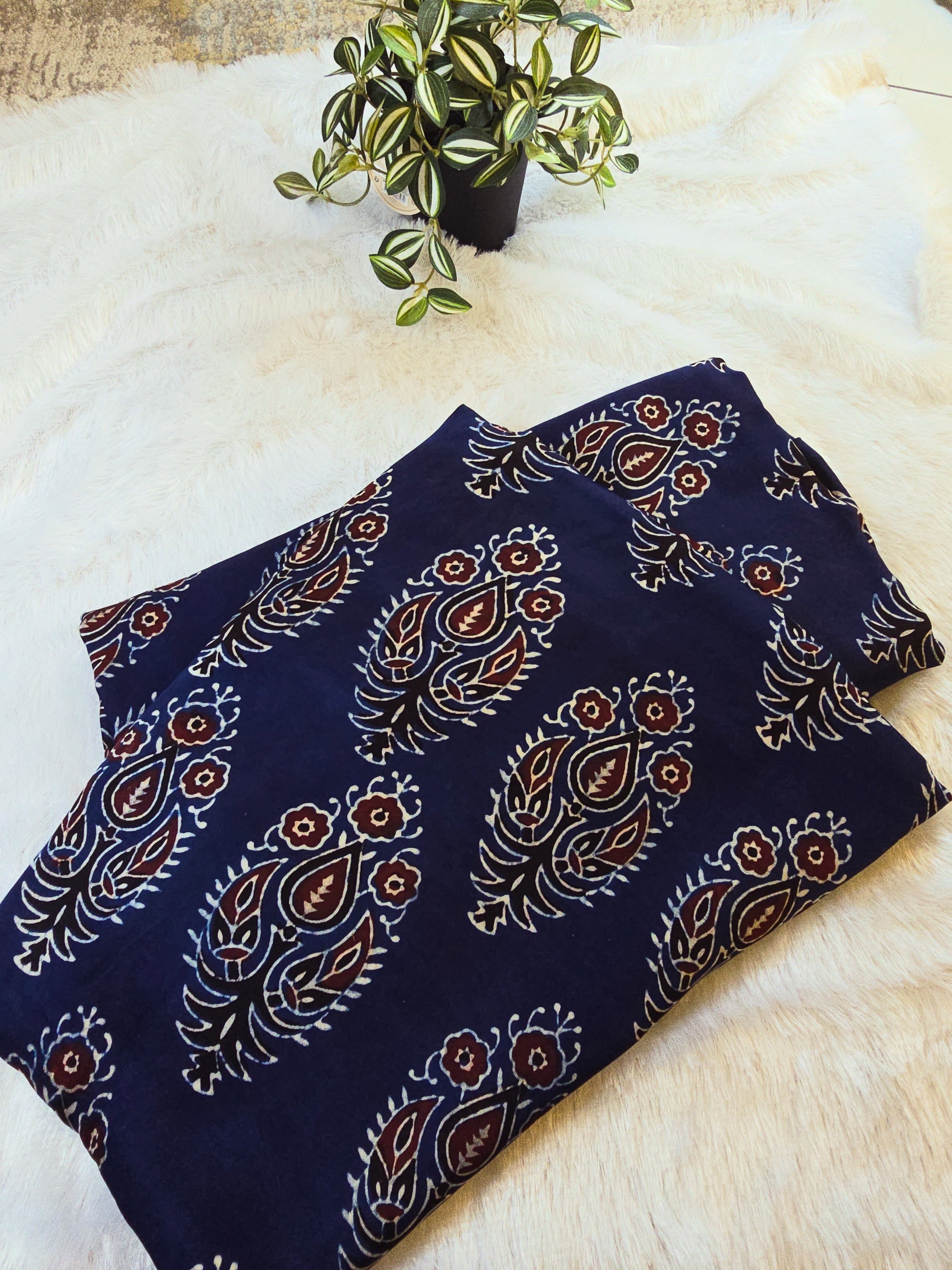 Navy Blue Paisley Hand Block Print Modal Silk Fabric (Per Meter)