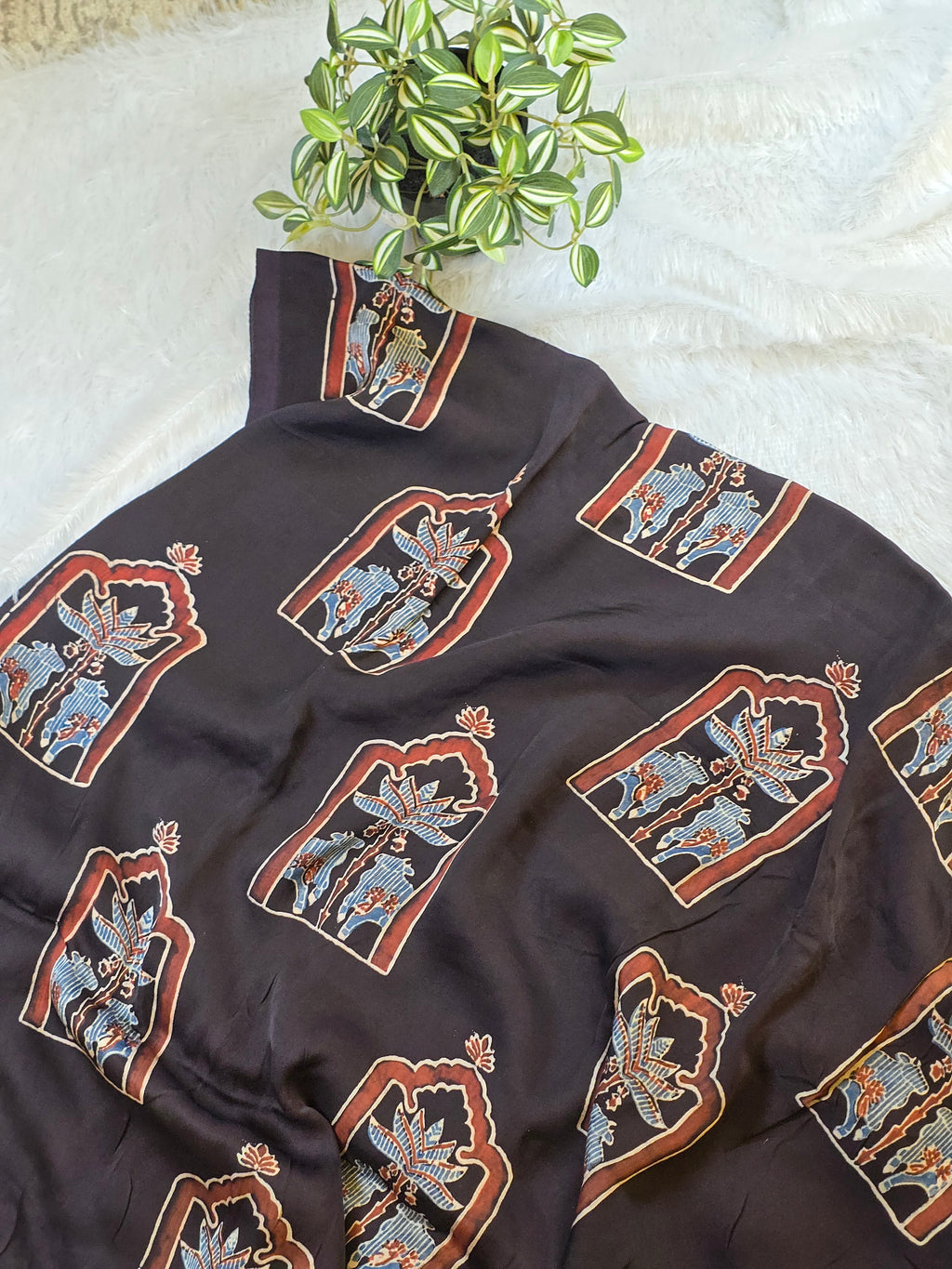 Mughal Elephant Modal Silk Fabric - Dark Brown (Per Meter)
