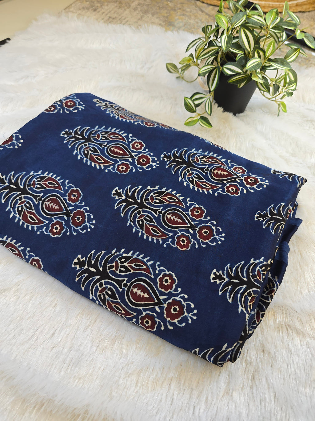 Navy Blue Paisley Hand Block Print Modal Silk Fabric (Per Meter)