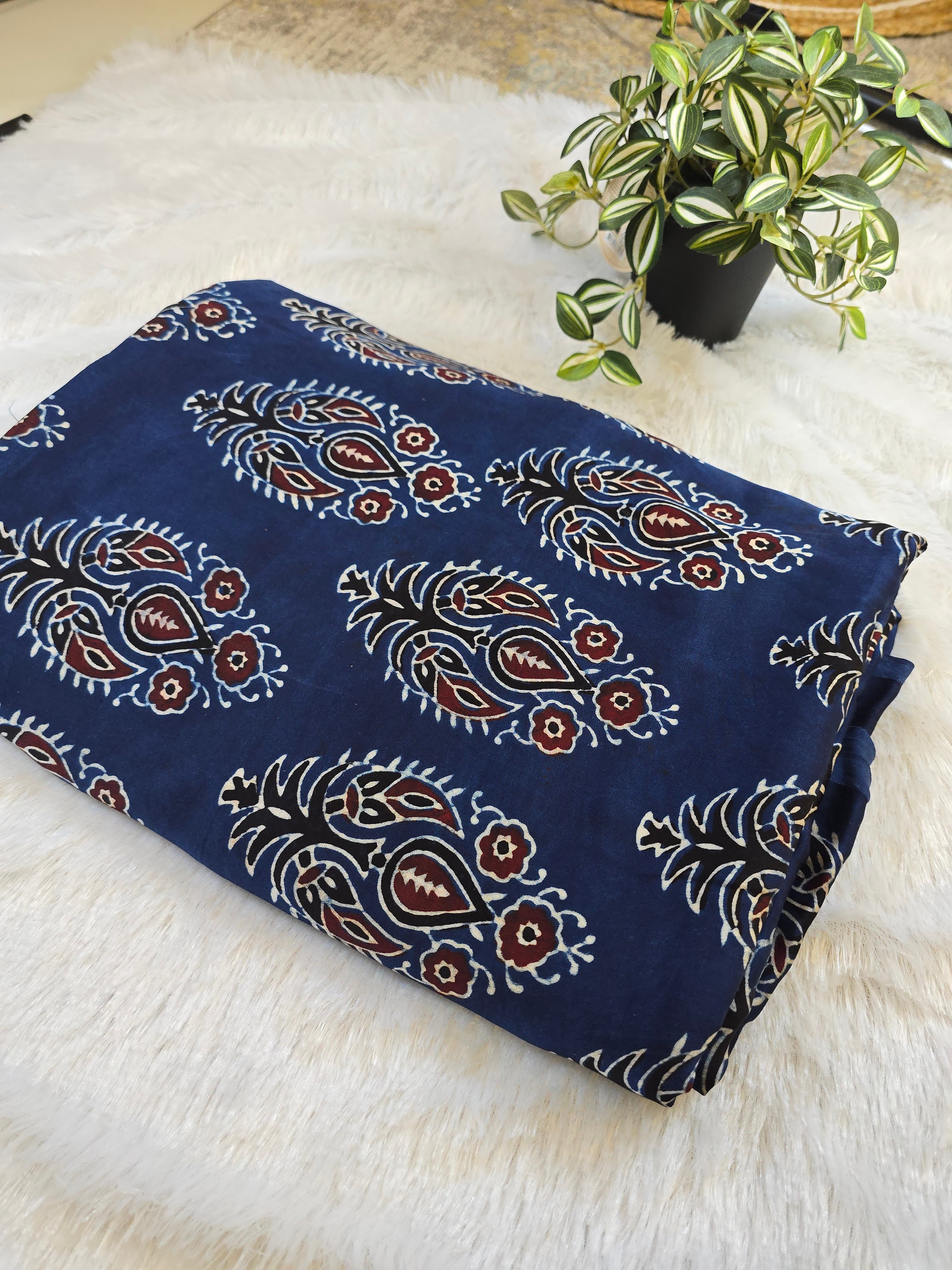 Navy Blue Paisley Hand Block Print Modal Silk Fabric (Per Meter)