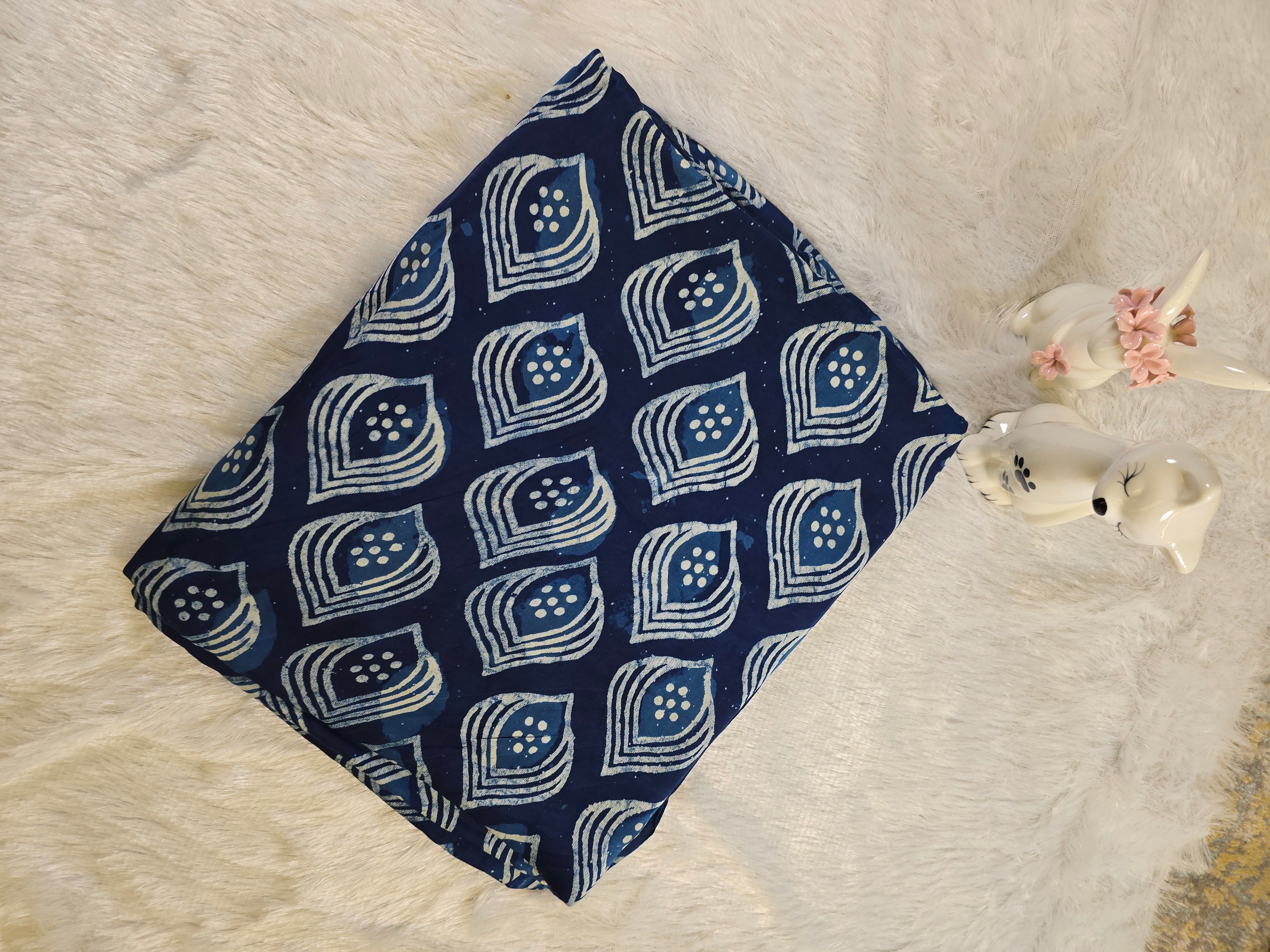 Indigo Blue Geometric Block Print Modal Silk Fabric (Per Meter)