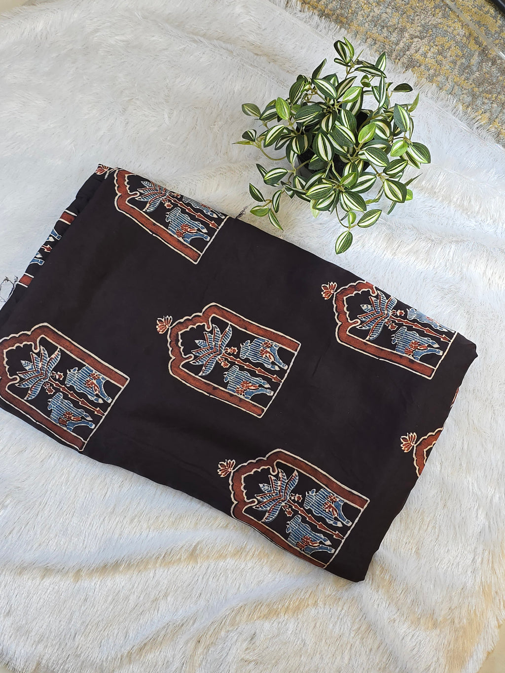 Mughal Elephant Modal Silk Fabric - Dark Brown (Per Meter)