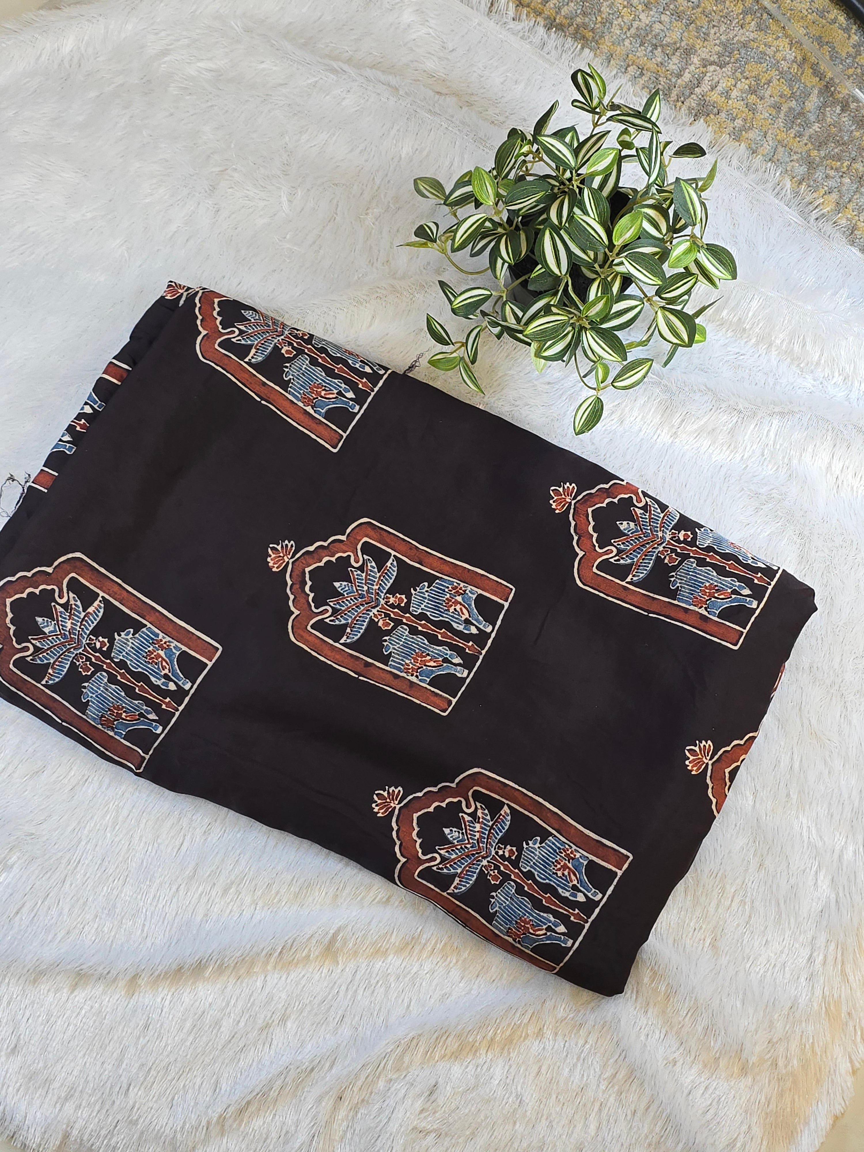 Mughal Elephant Modal Silk Fabric - Dark Brown (Per Meter)