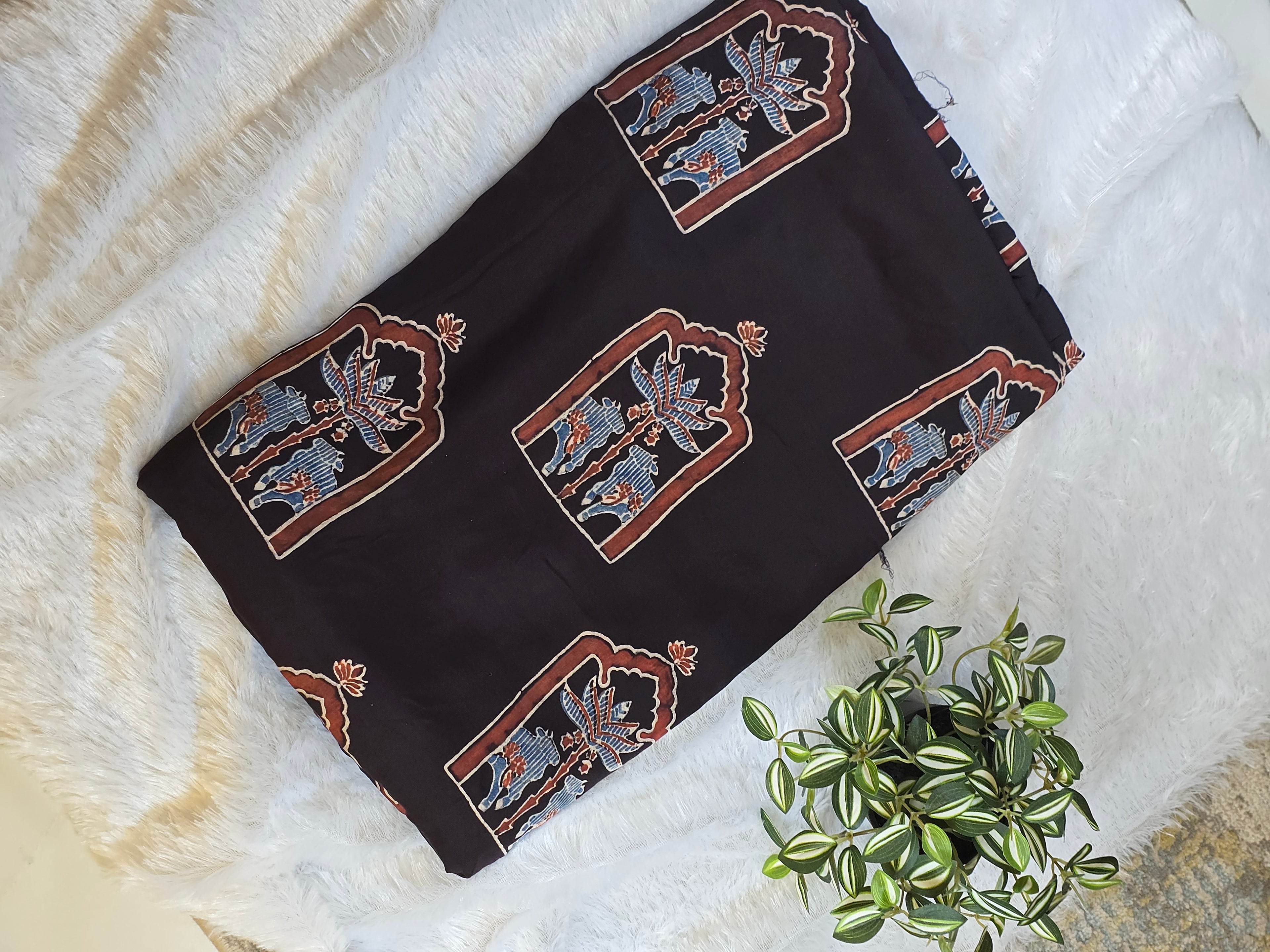 Mughal Elephant Modal Silk Fabric - Dark Brown (Per Meter)
