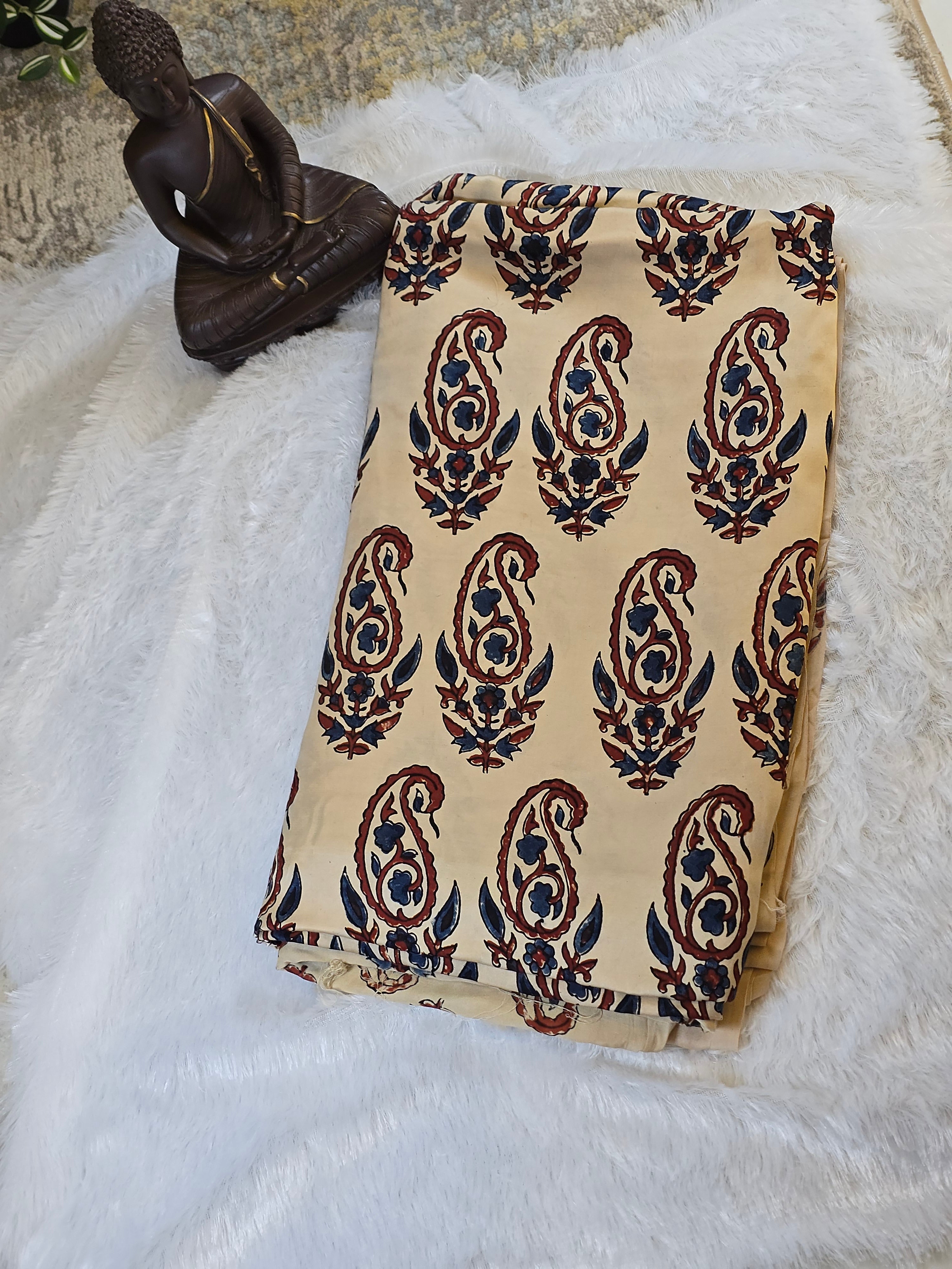 Cream Paisley Block Print Modal Silk Fabric (Per Meter)