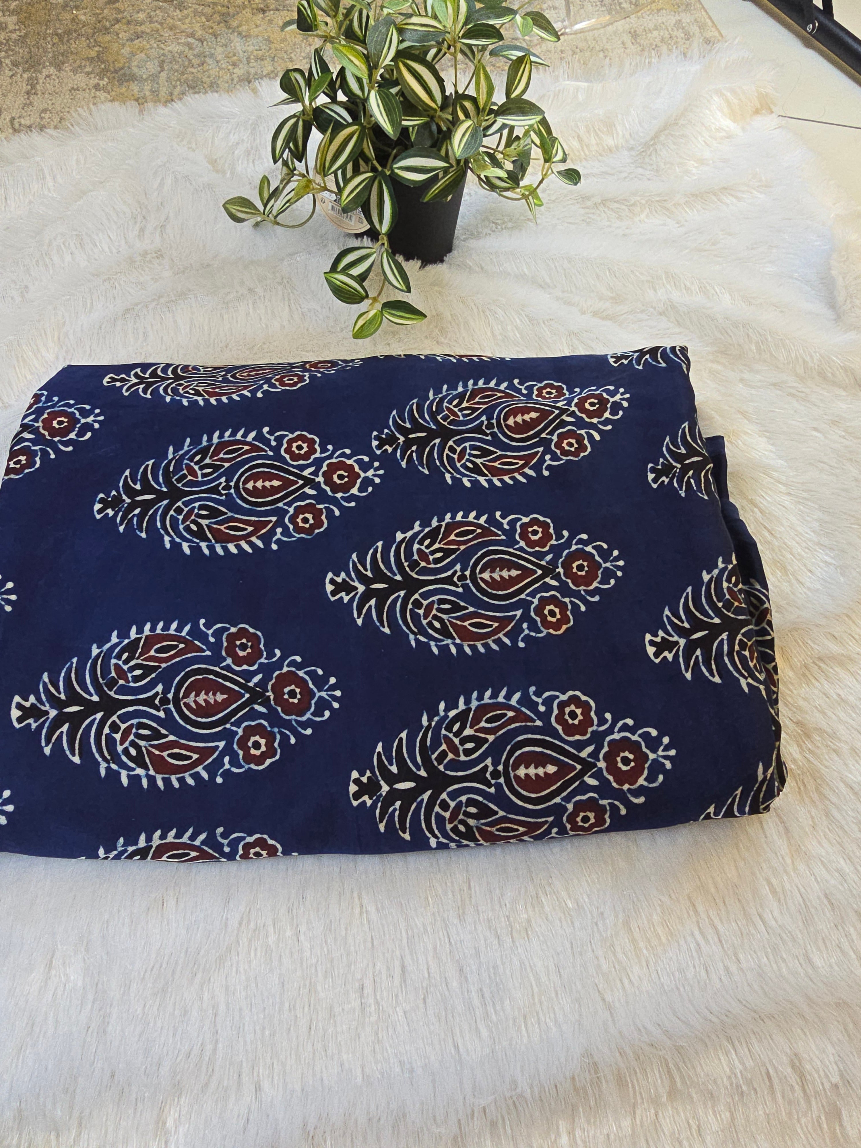 Navy Blue Paisley Hand Block Print Modal Silk Fabric (Per Meter)