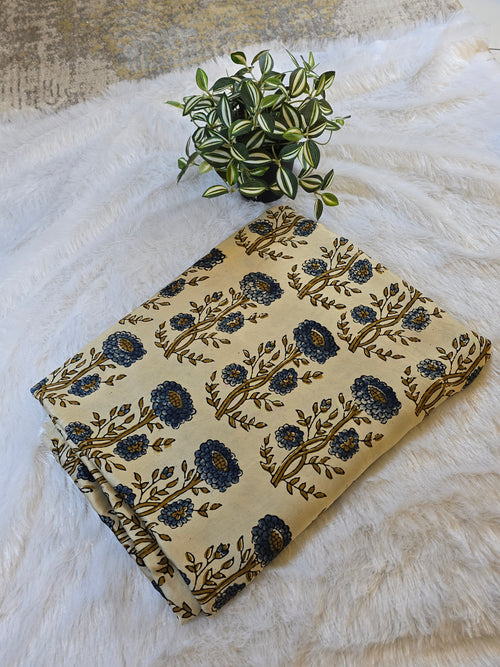 Cream Floral Block Print Modal Silk Fabric (Per Meter)