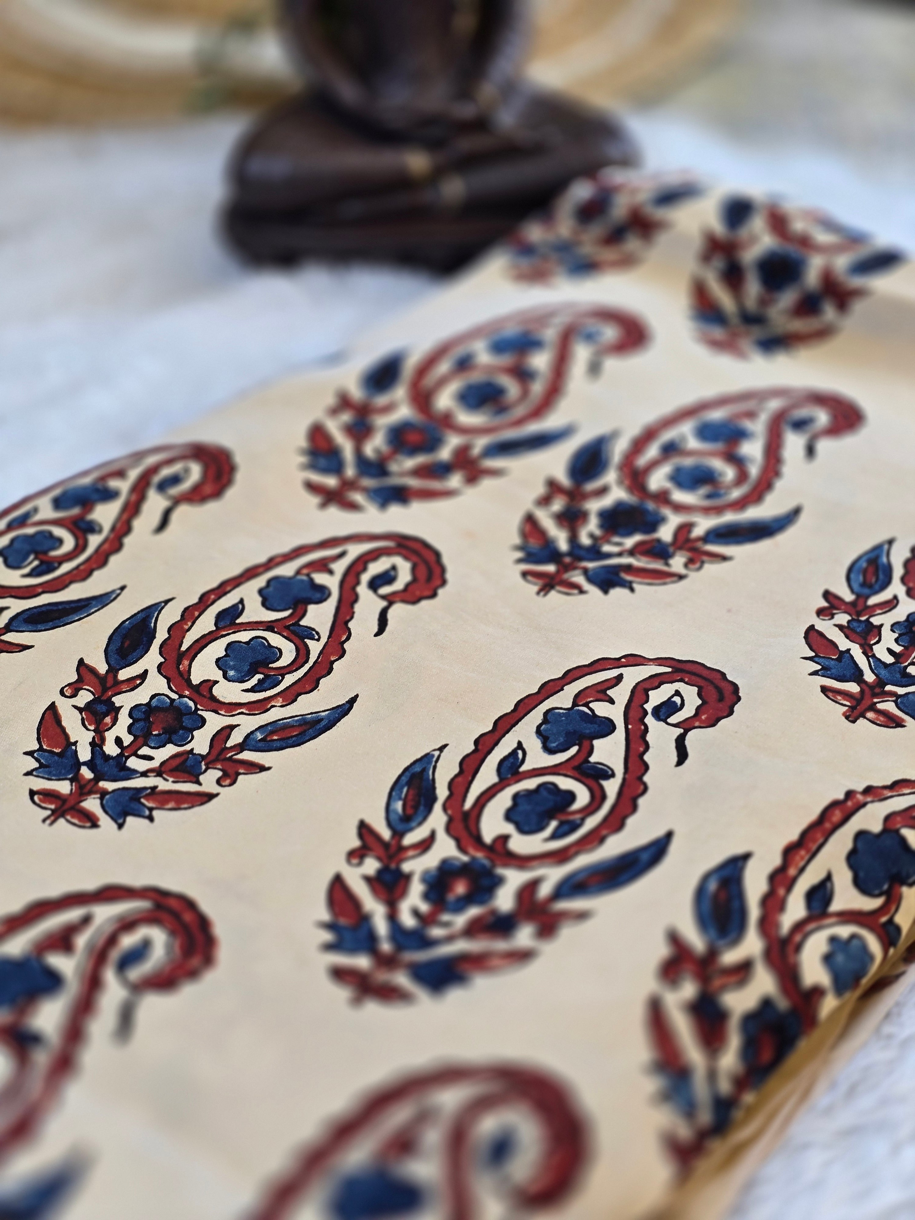 Cream Paisley Block Print Modal Silk Fabric (Per Meter)