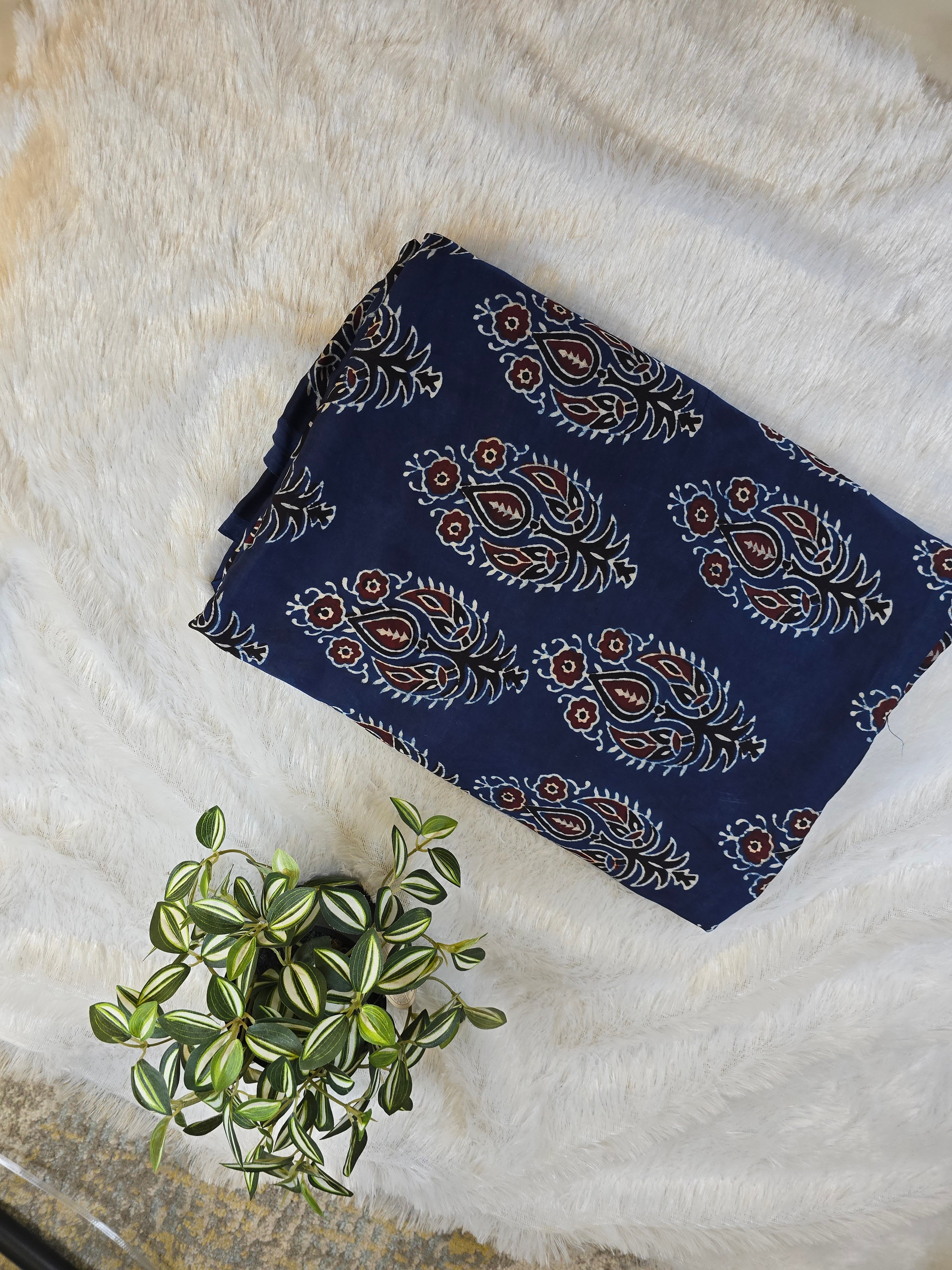 Navy Blue Paisley Hand Block Print Modal Silk Fabric (Per Meter)