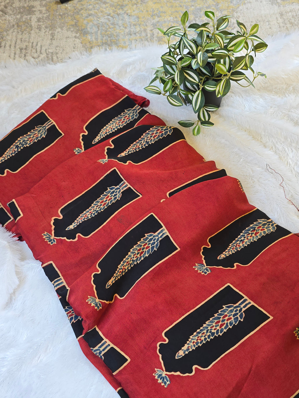 Red Mughal Print Modal Silk Fabric (Per Meter)