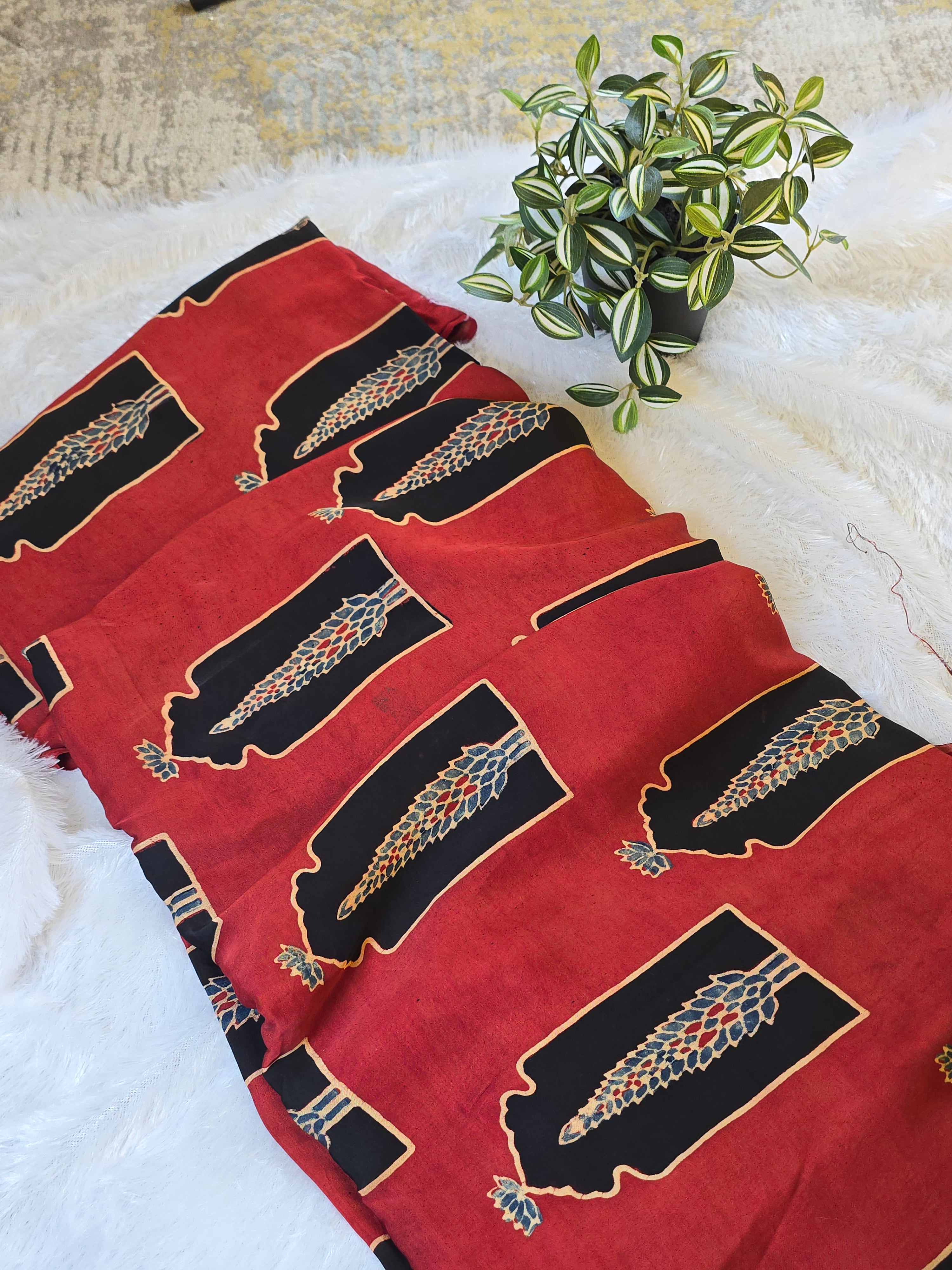 Red Mughal Print Modal Silk Fabric (Per Meter)