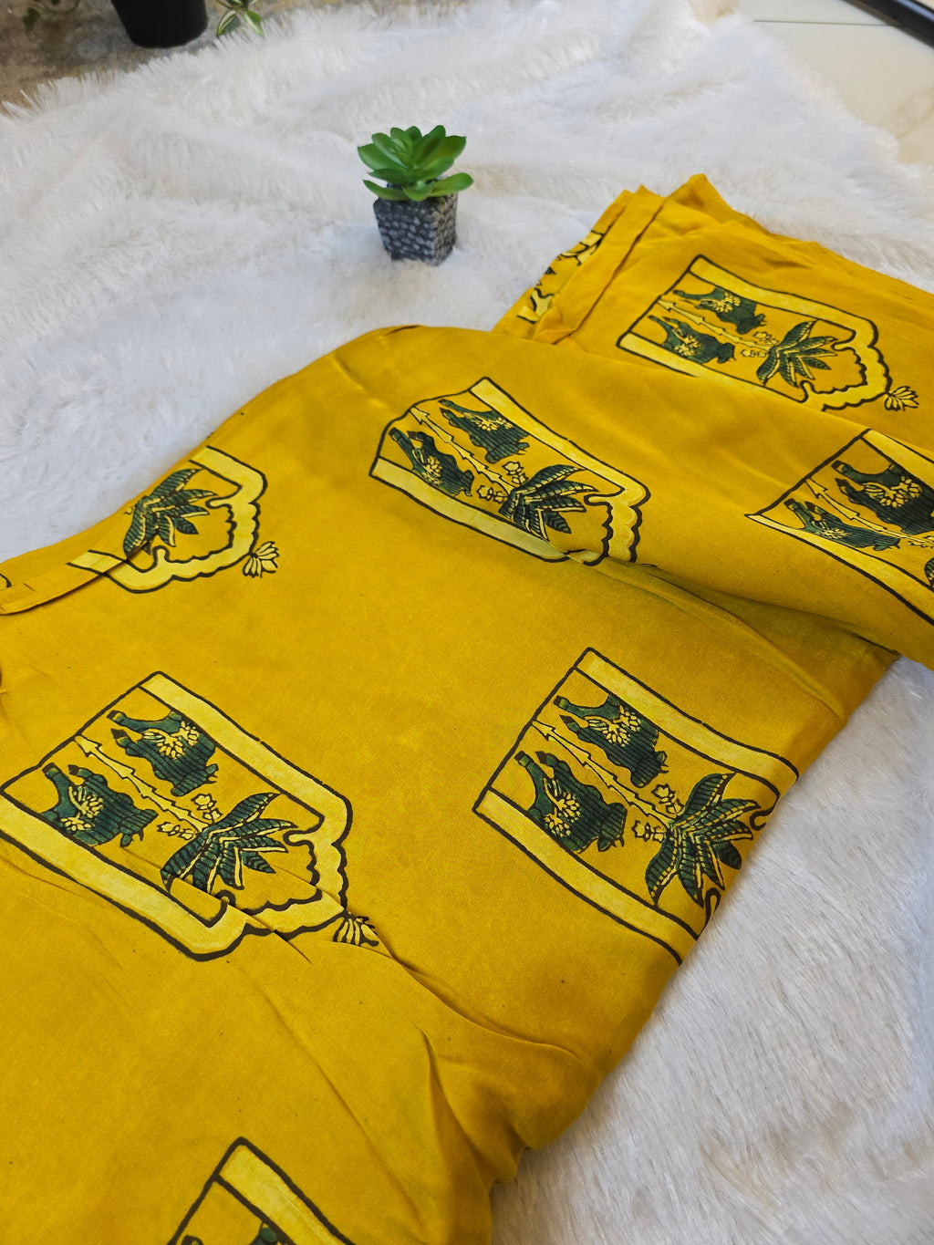 Yellow Mughal Print Modal Silk Fabric (Per Meter)