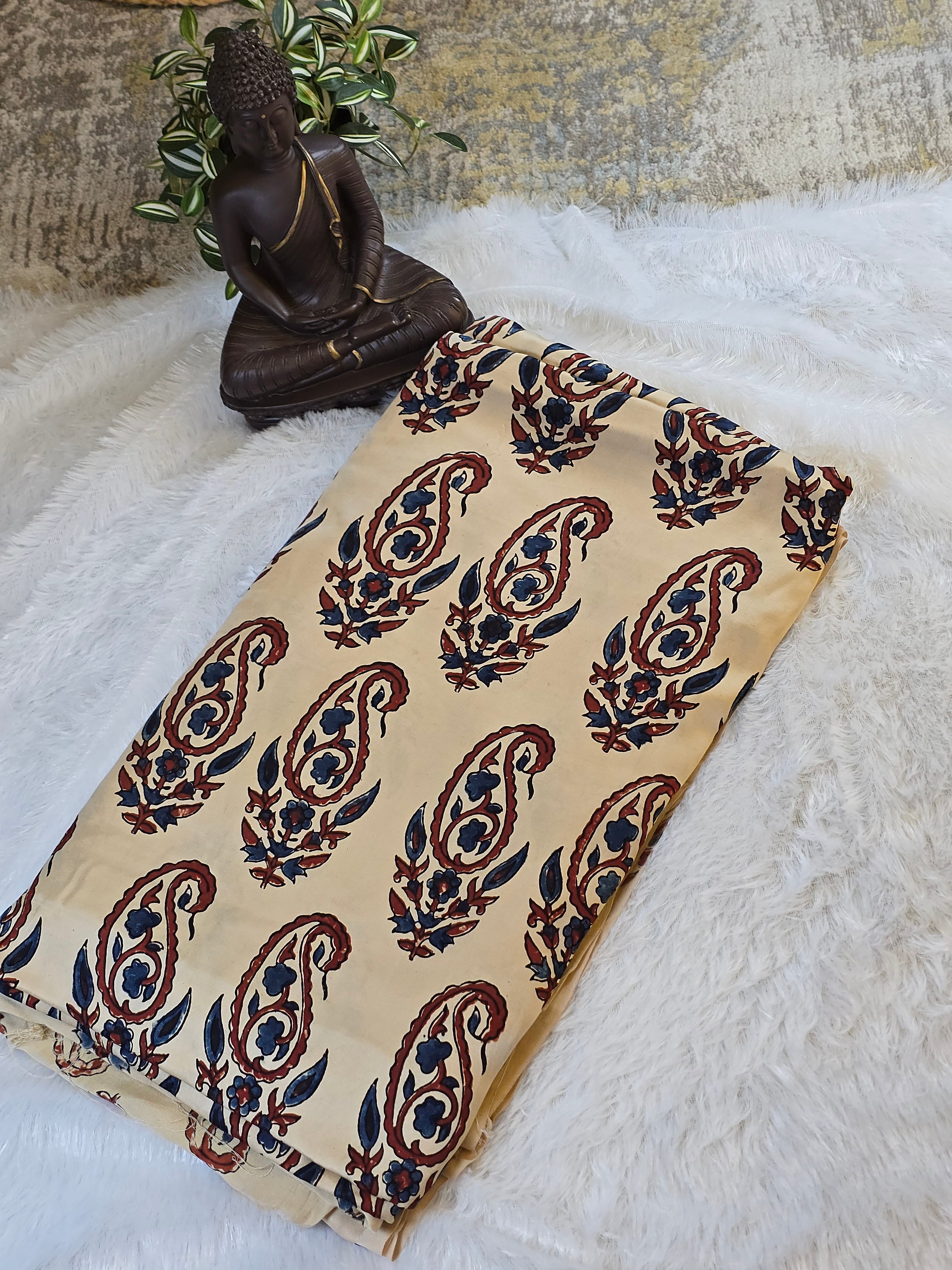Cream Paisley Block Print Modal Silk Fabric (Per Meter)