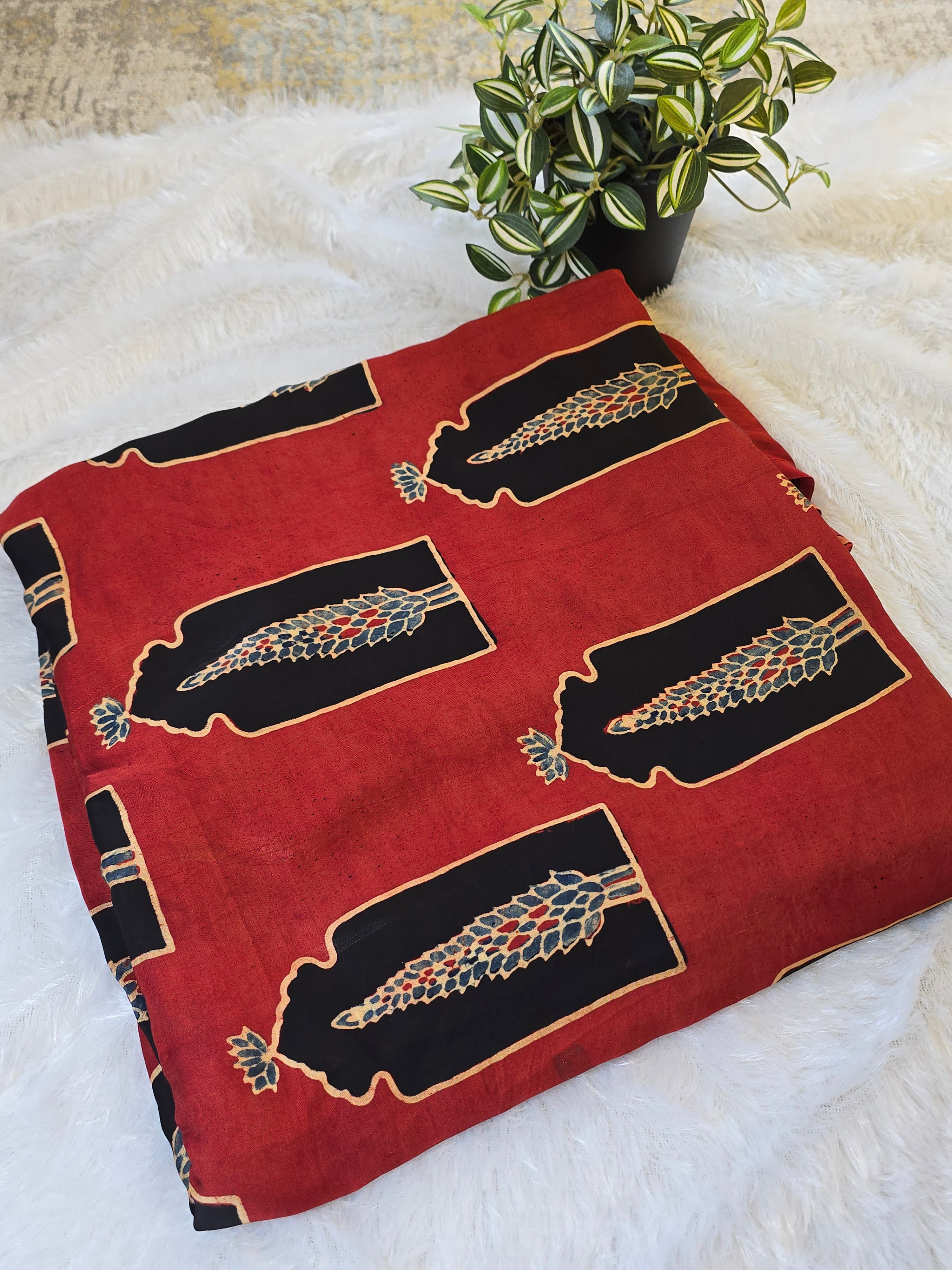 Red Mughal Print Modal Silk Fabric (Per Meter)