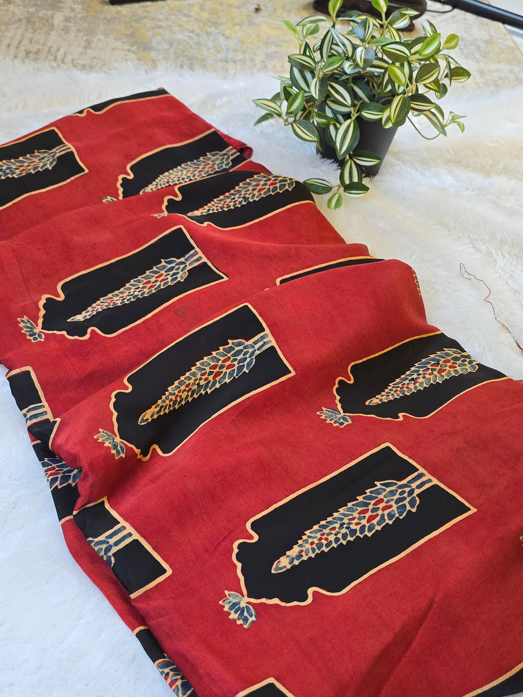 Red Mughal Print Modal Silk Fabric (Per Meter)