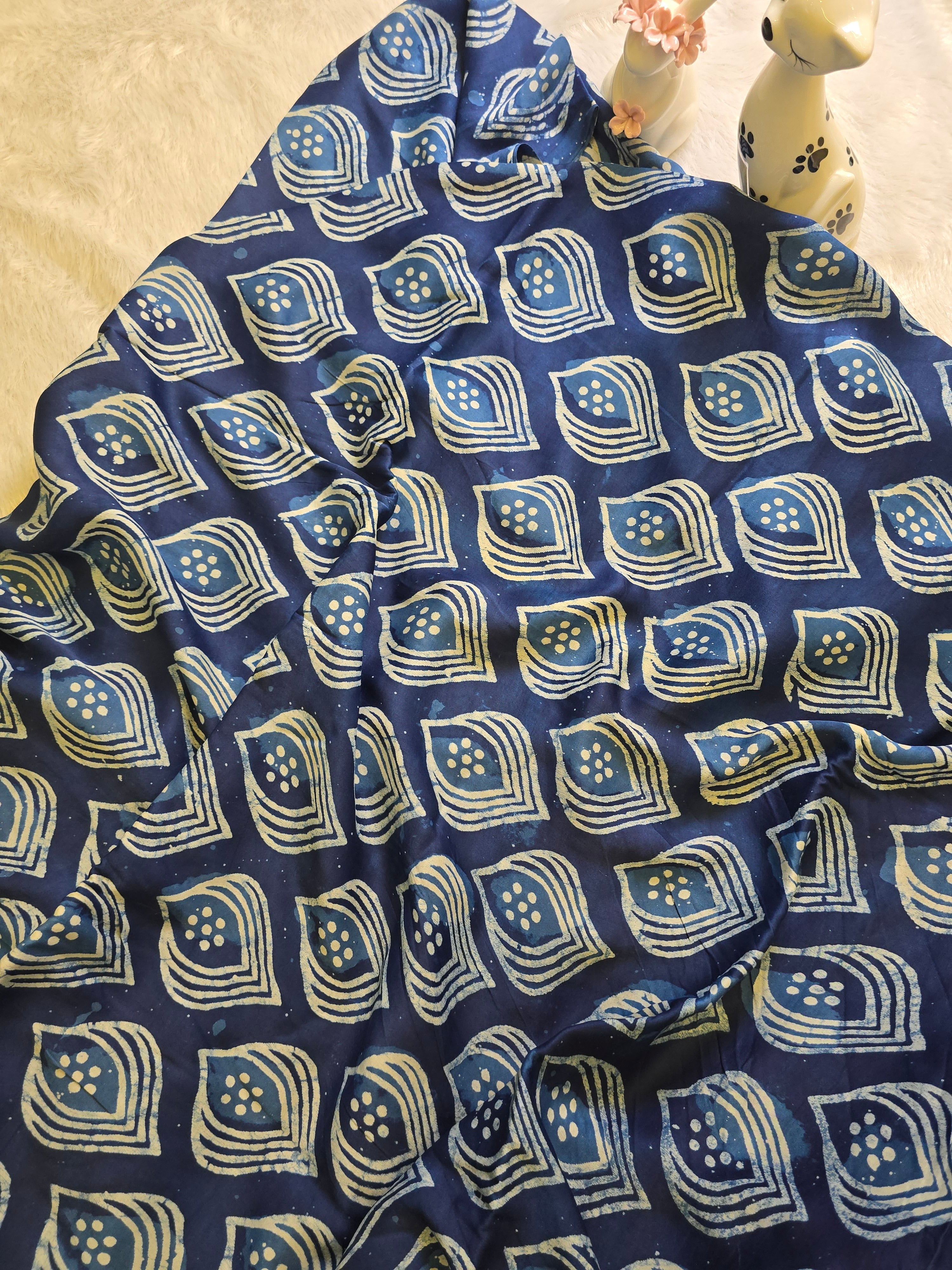Indigo Blue Geometric Block Print Modal Silk Fabric (Per Meter)