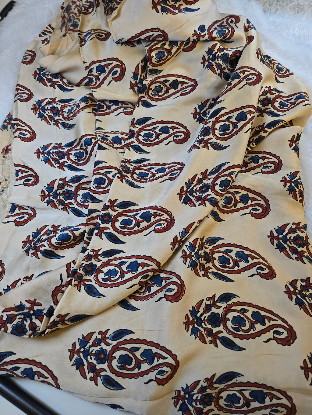 Cream Paisley Block Print Modal Silk Fabric (Per Meter)