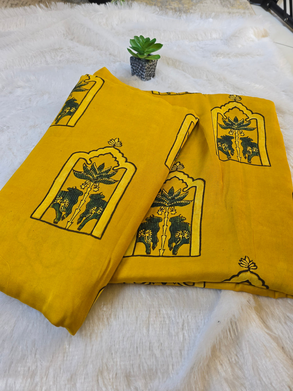 Yellow Mughal Print Modal Silk Fabric (Per Meter)