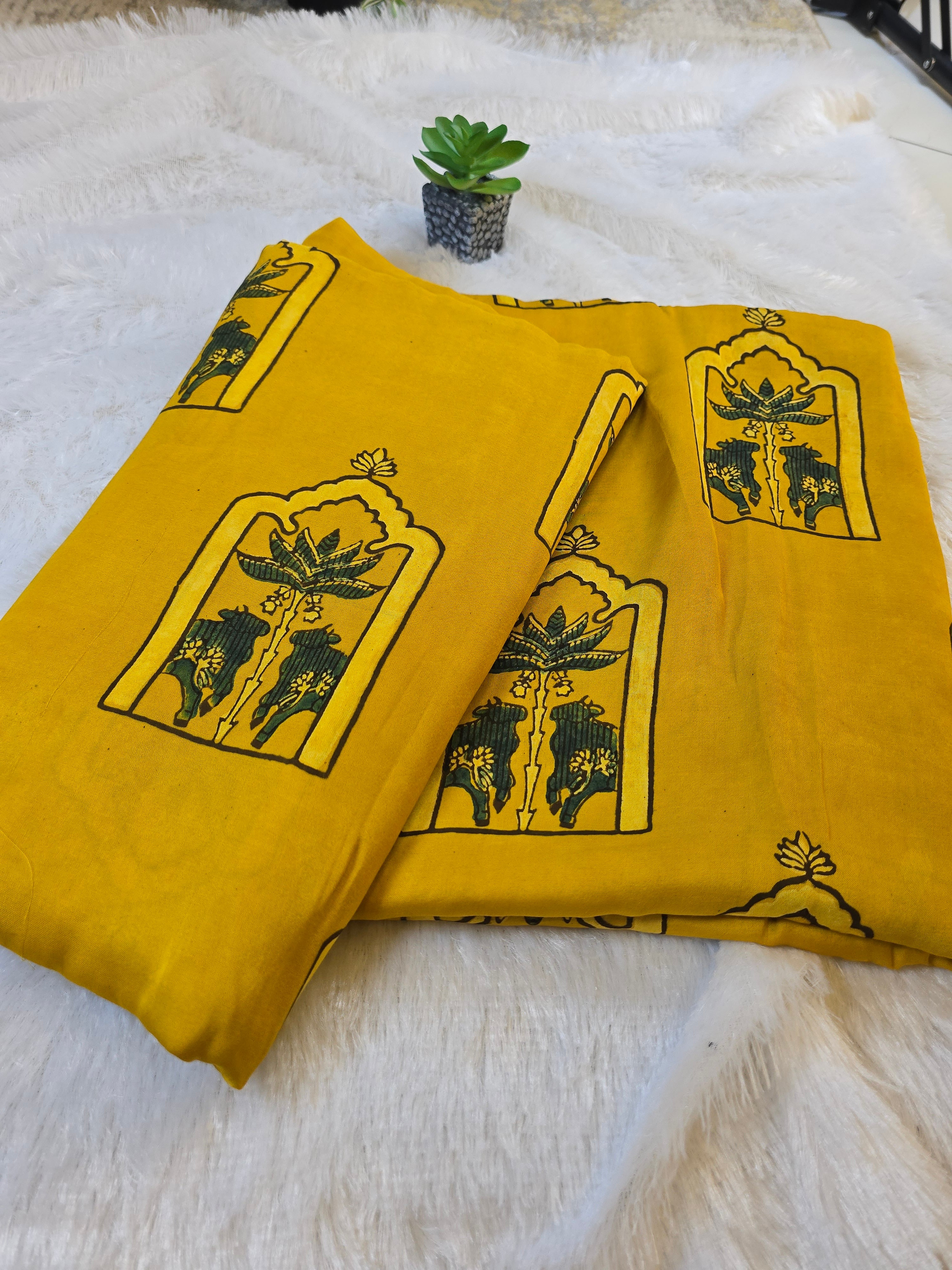 Yellow Mughal Print Modal Silk Fabric (Per Meter)