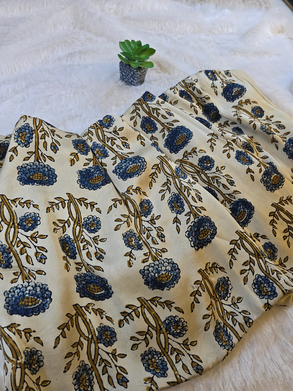 Cream Floral Block Print Modal Silk Fabric (Per Meter)