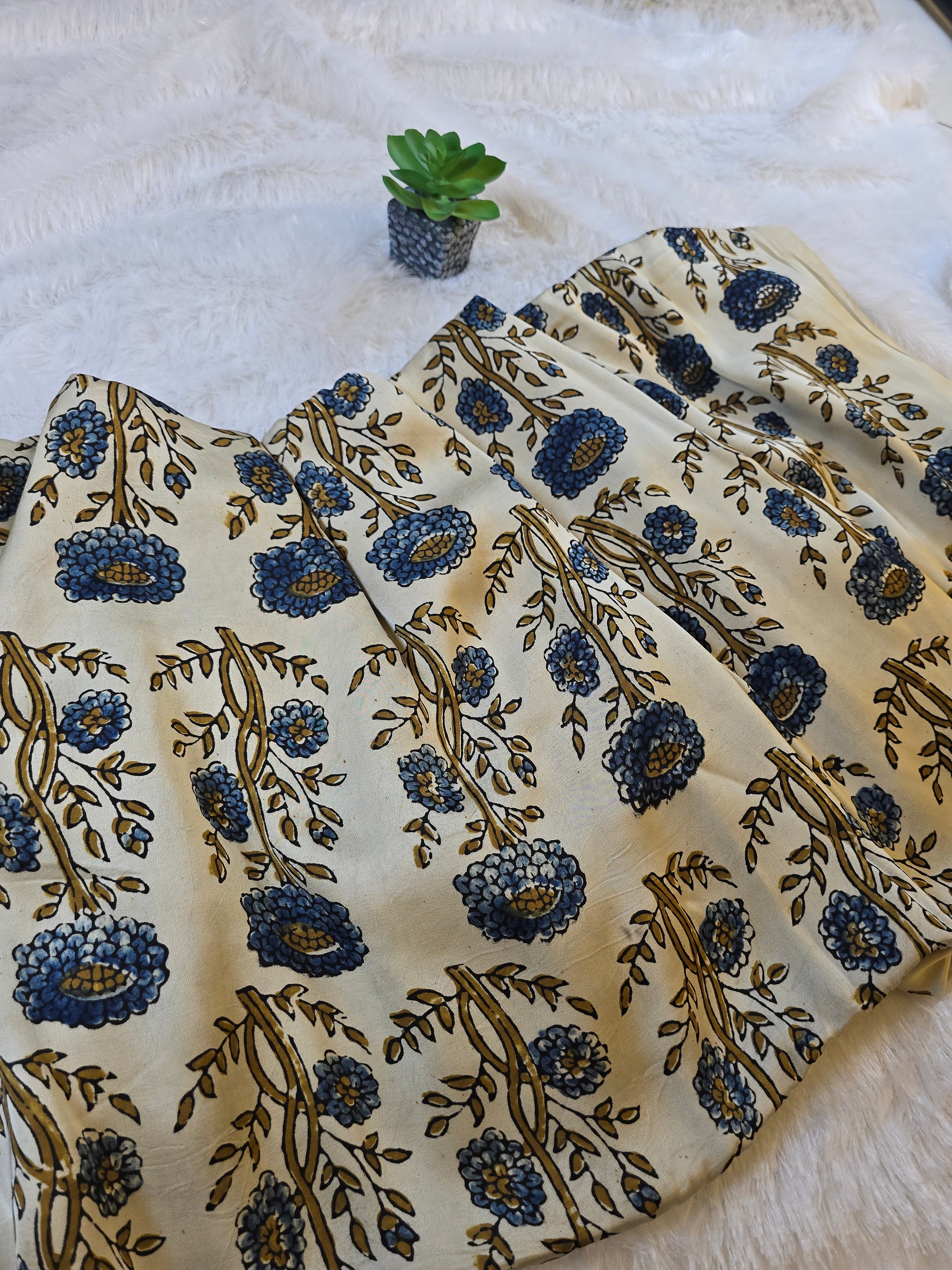 Cream Floral Block Print Modal Silk Fabric (Per Meter)