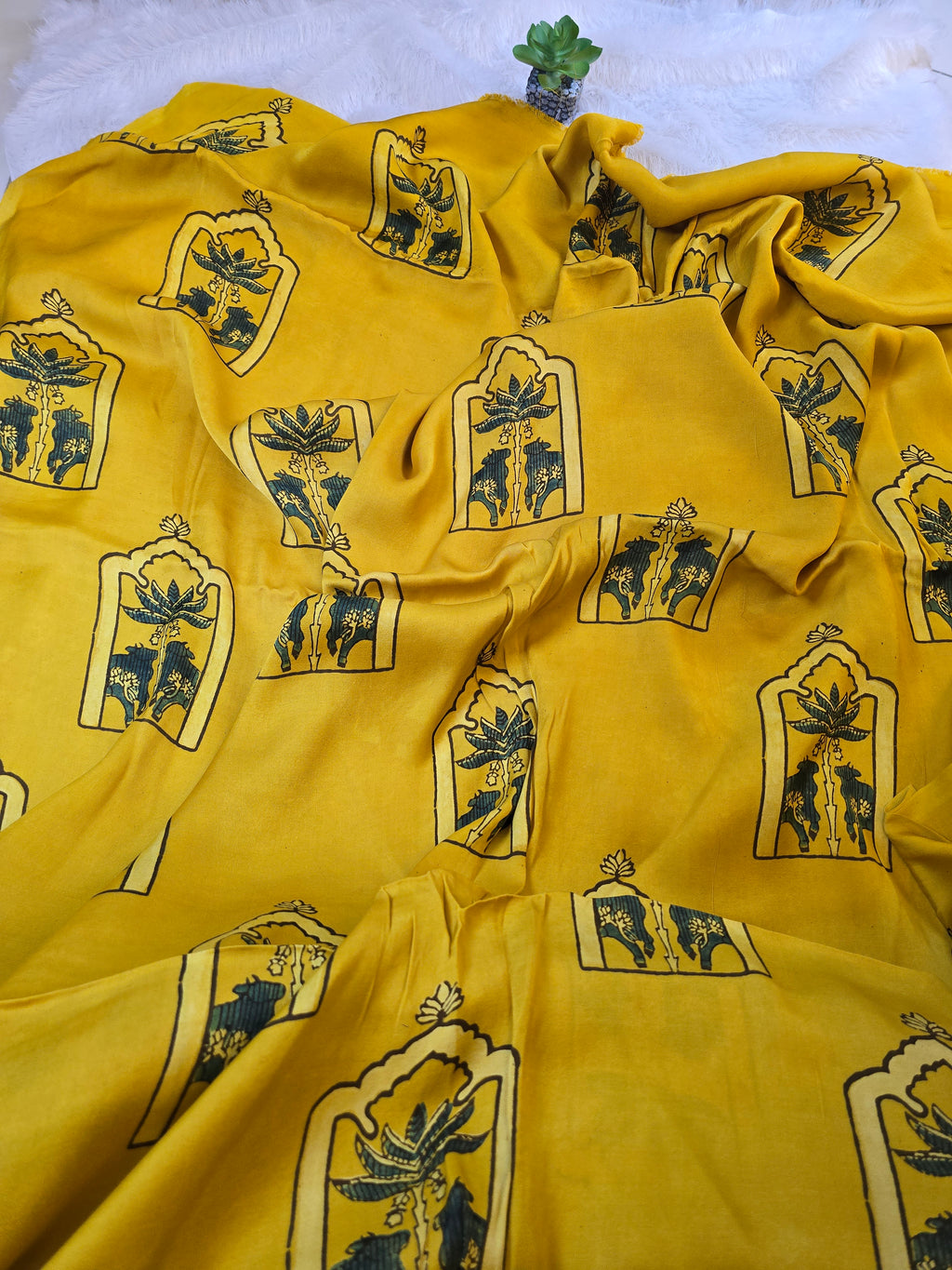 Yellow Mughal Print Modal Silk Fabric (Per Meter)