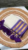 120 Count Mul Cotton Saree – Off-White with Purple & Gold Zari Border