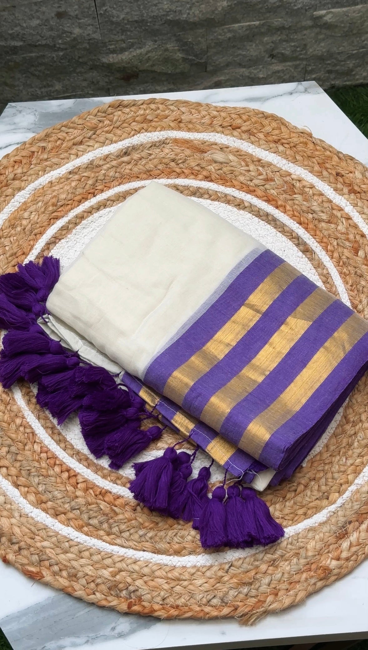 120 Count Mul Cotton Saree – Off-White with Purple & Gold Zari Border