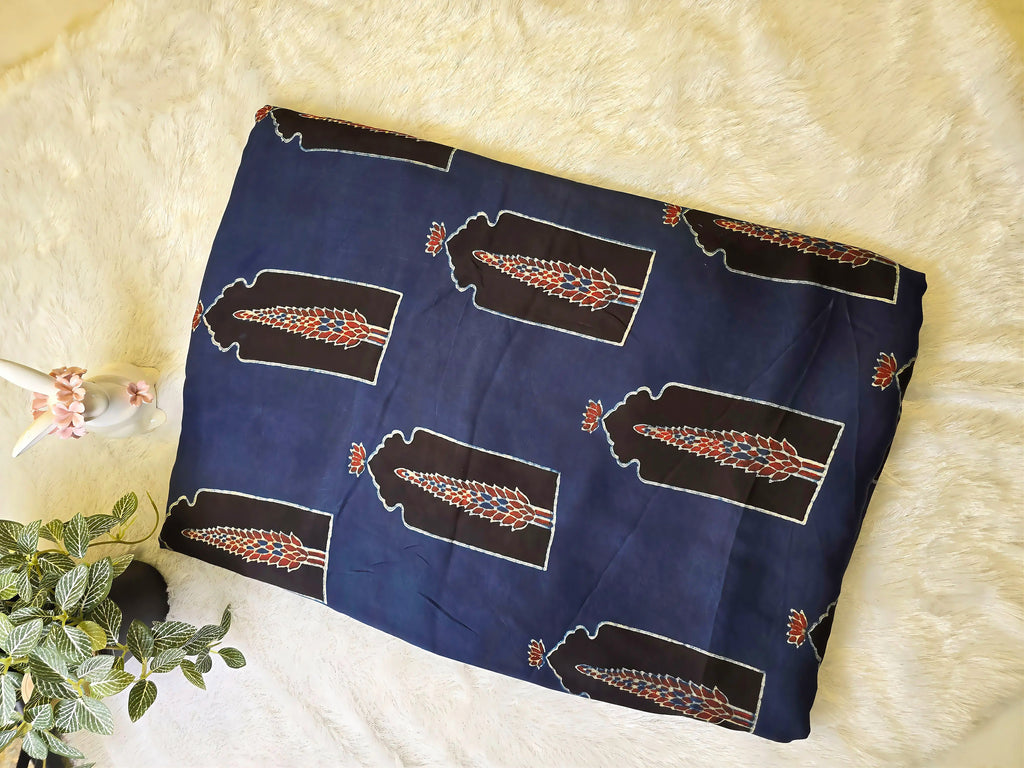 Navy Blue Mughal Print Modal Silk Fabric (Per Meter)