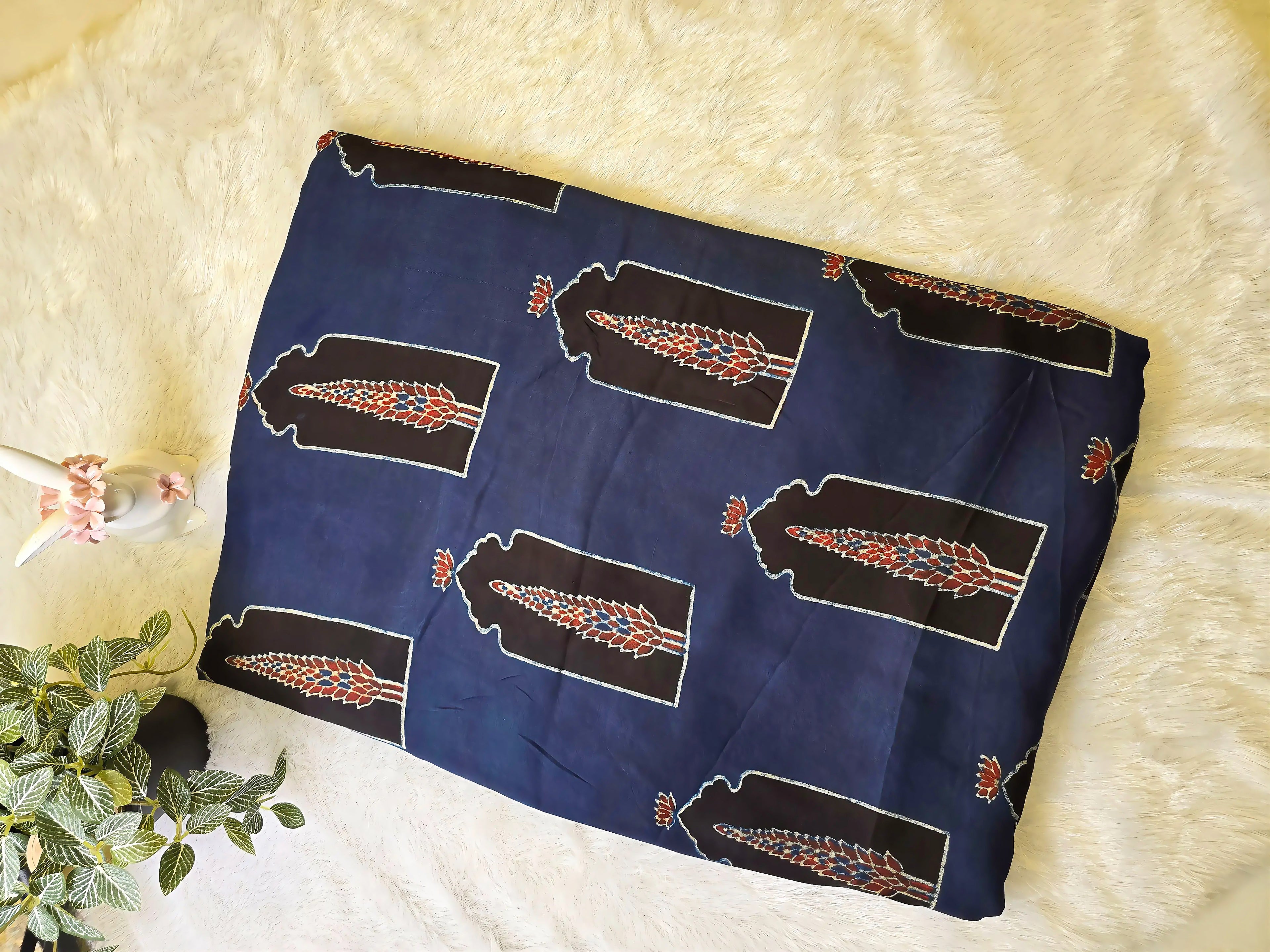 Navy Blue Mughal Print Modal Silk Fabric (Per Meter)