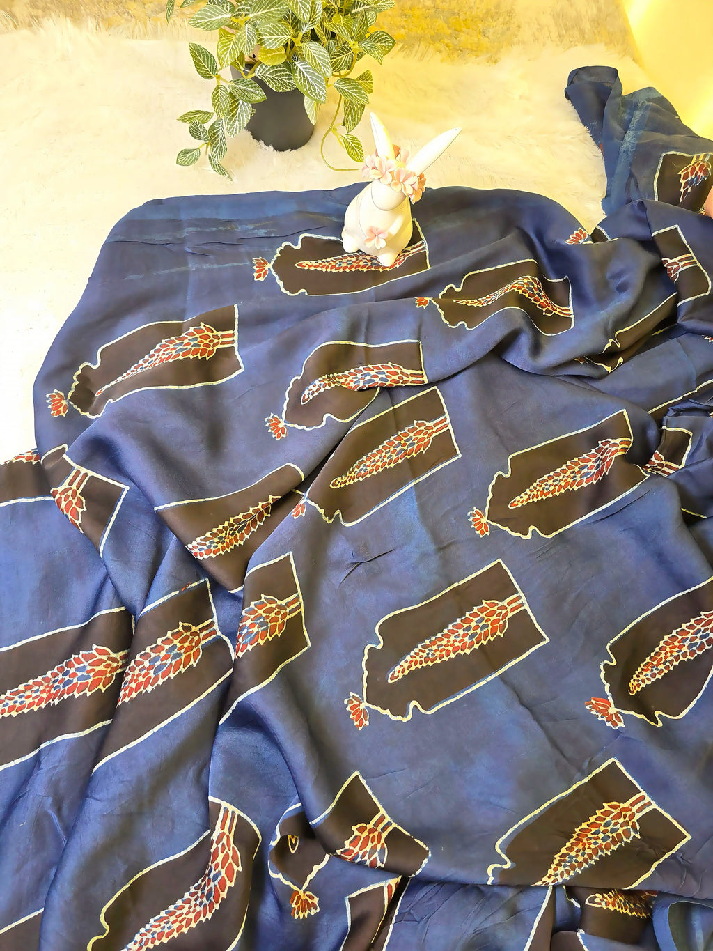 Navy Blue Mughal Print Modal Silk Fabric (Per Meter)