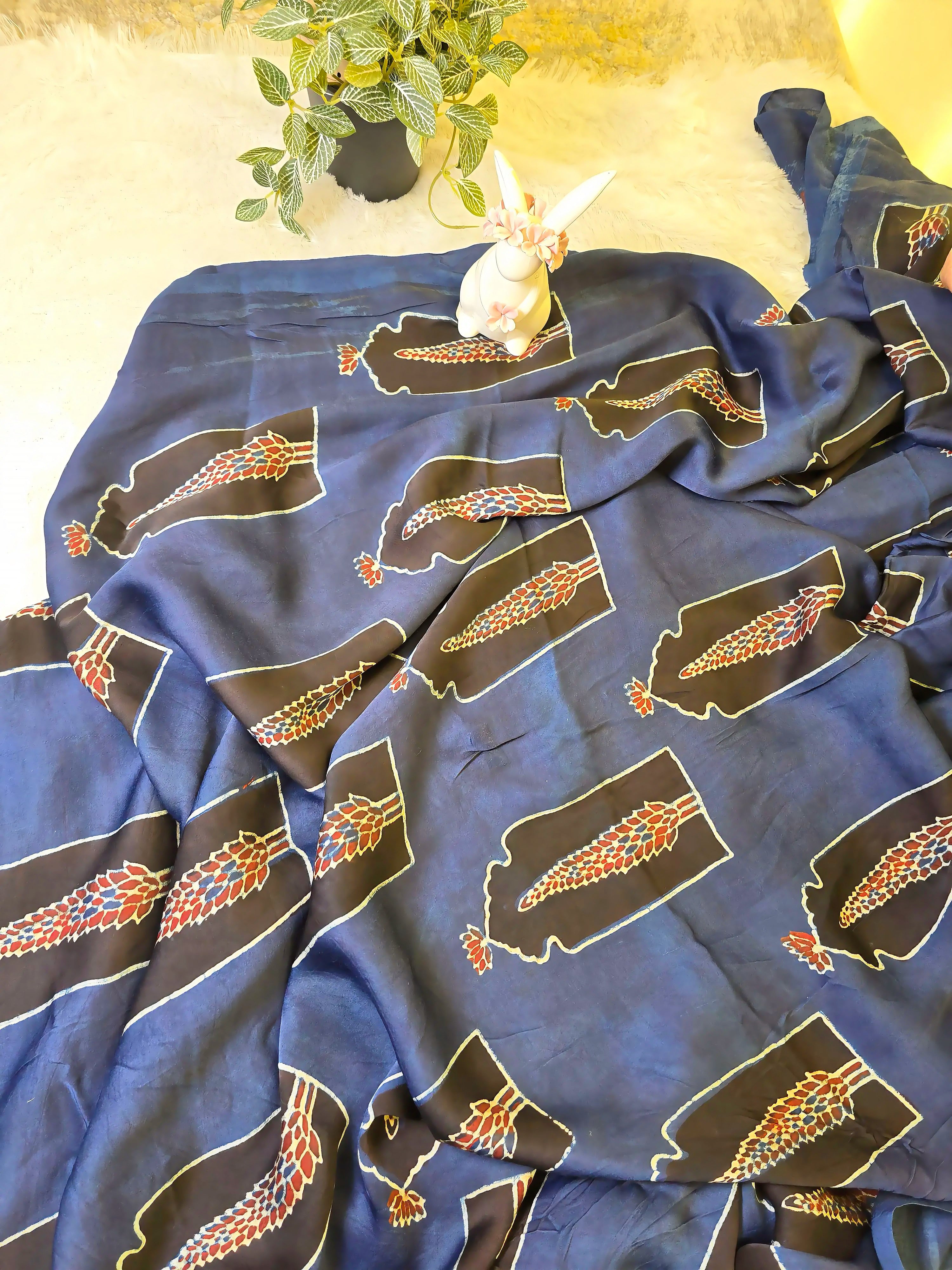 Navy Blue Mughal Print Modal Silk Fabric (Per Meter)