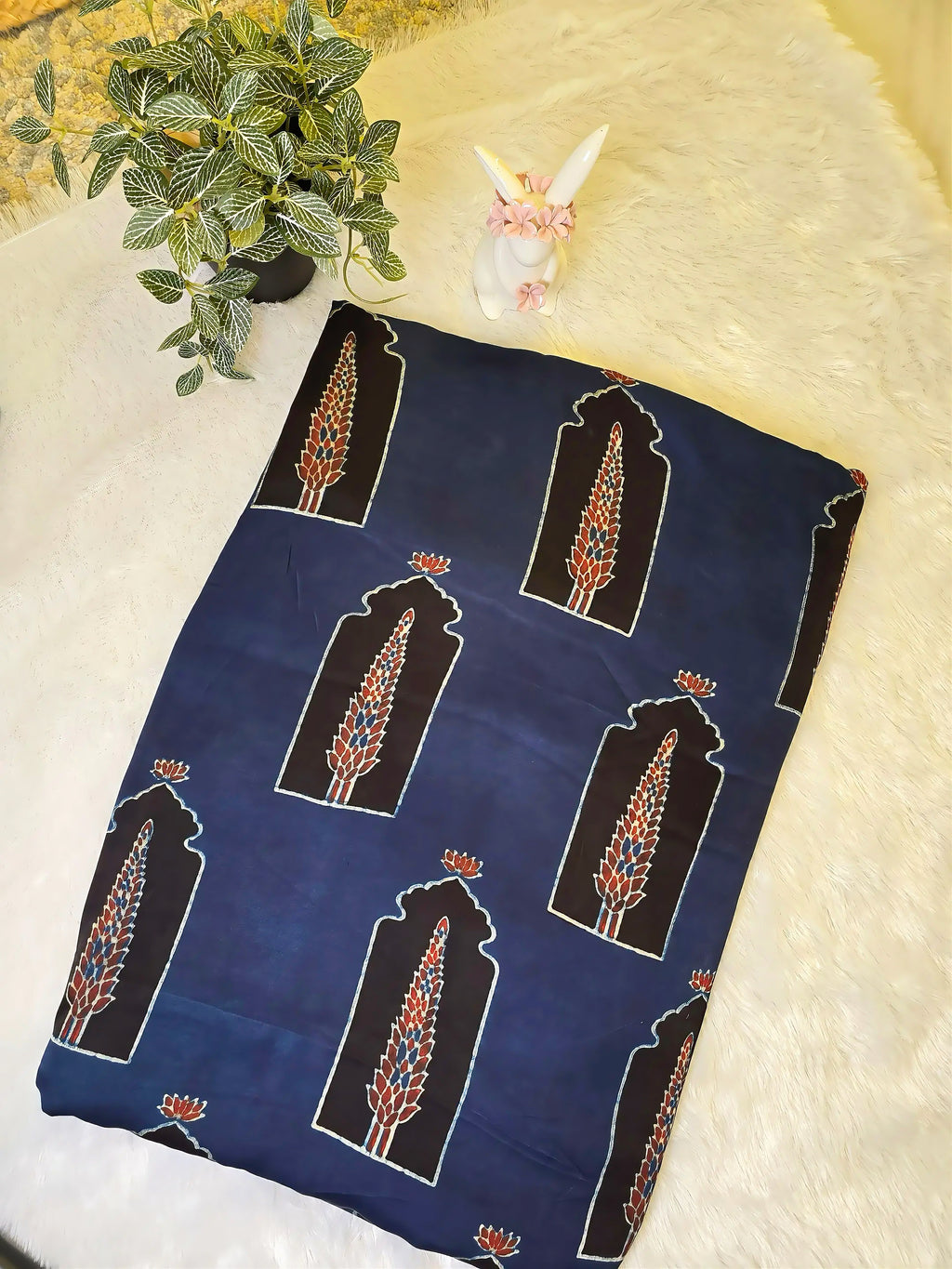 Navy Blue Mughal Print Modal Silk Fabric (Per Meter)