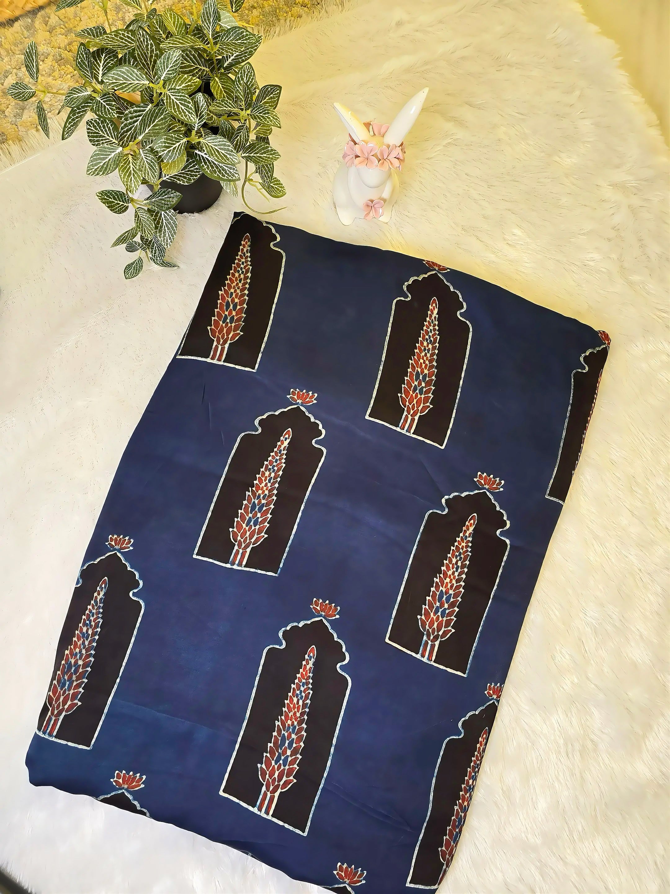 Navy Blue Mughal Print Modal Silk Fabric (Per Meter)